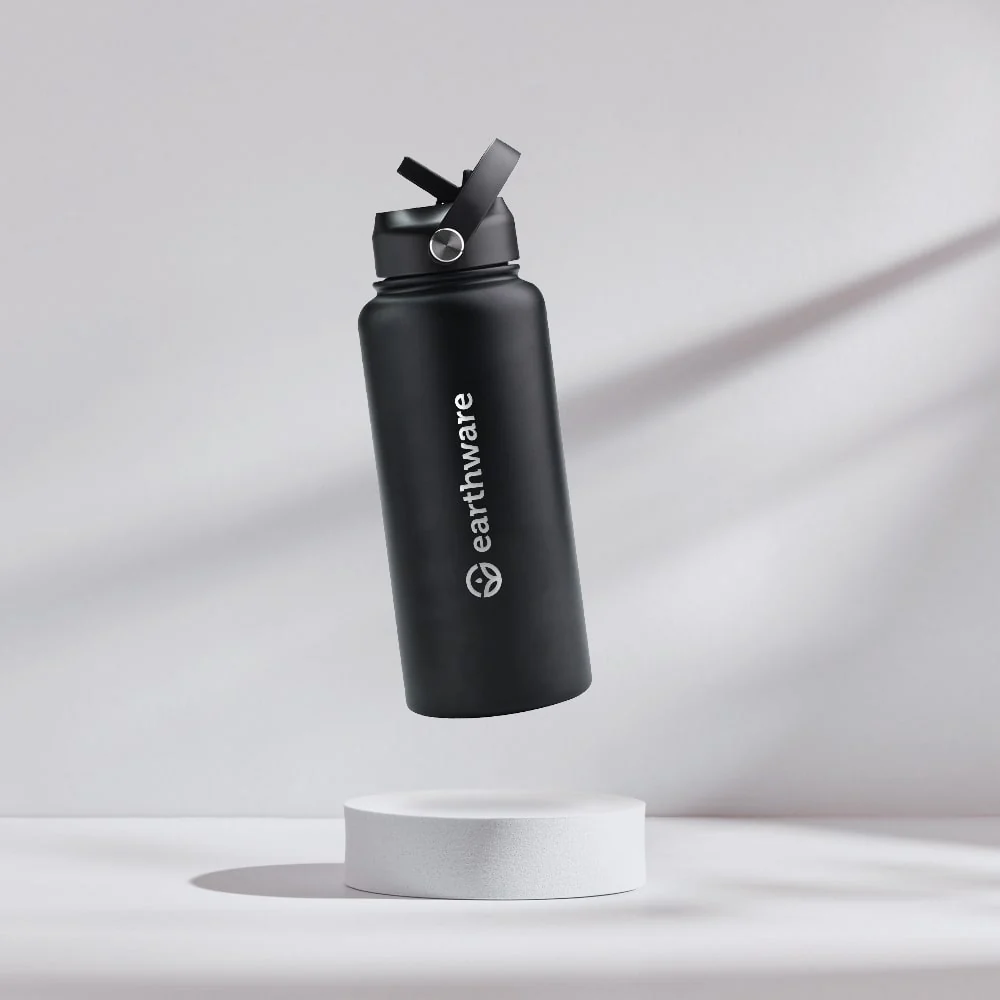 Premium Insulated Water Bottle with 2 x Caps - Black (1L) - Image 4