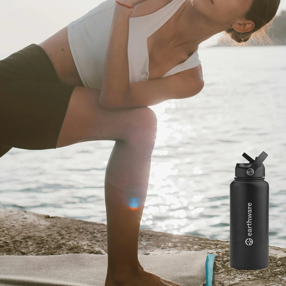 Premium Insulated Water Bottle with 2 x Caps - Black (1L) - Image 6