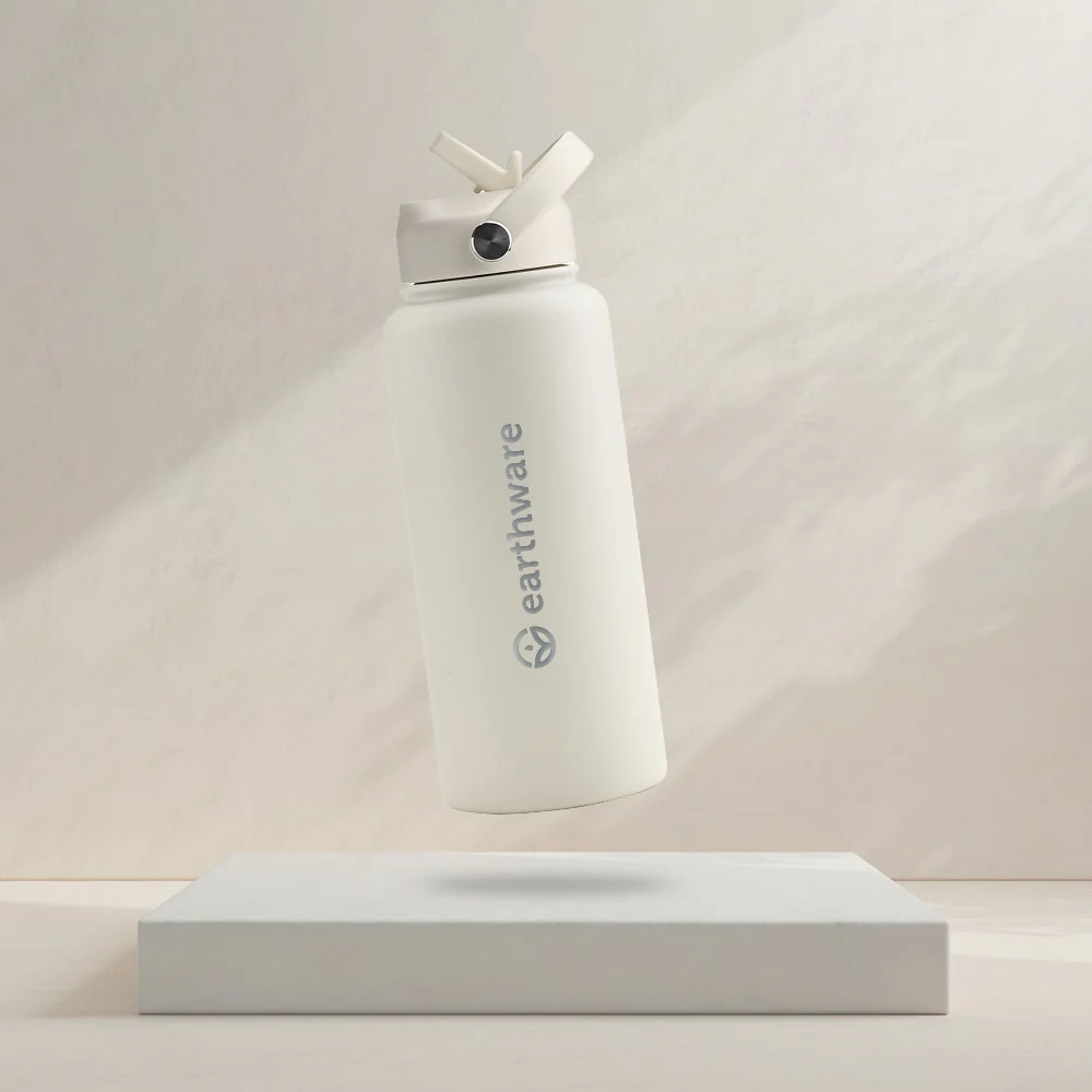 Premium Insulated Water Bottle with 2 x Caps - Cream (1L) - Image 6